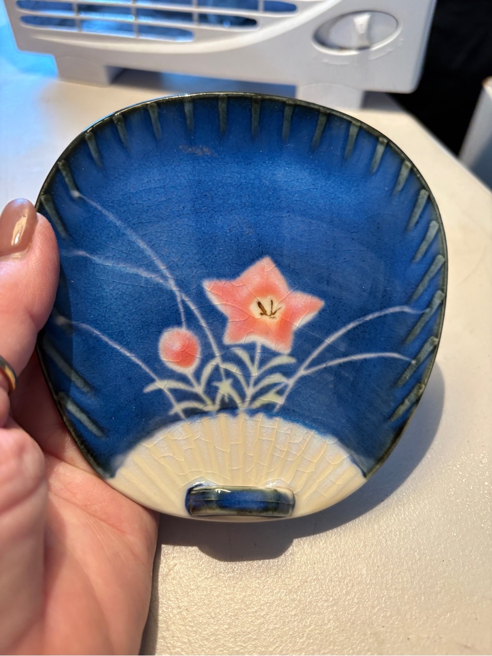 Vintage Japanese Handpainted Blue Floral Ceramic Dish